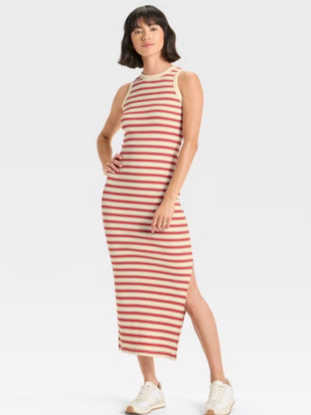 Universal Thread Ribbed Knit Maxi Bodycon Dress Striped Red Cream Size Large